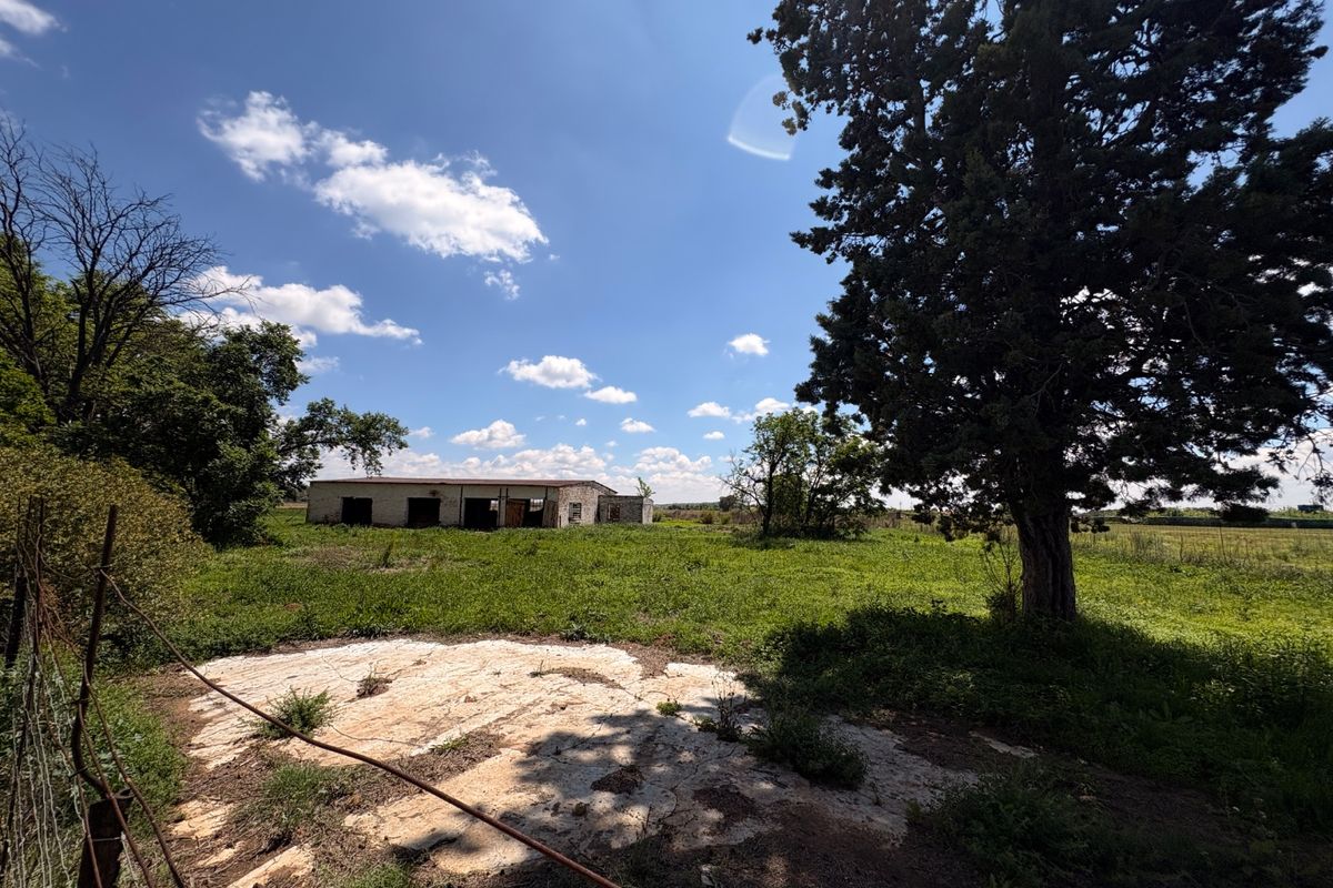 Wide view of a rural farm property featuring an open field, mature trees, wire fencing, and a dilapidated outbuilding in the distance.