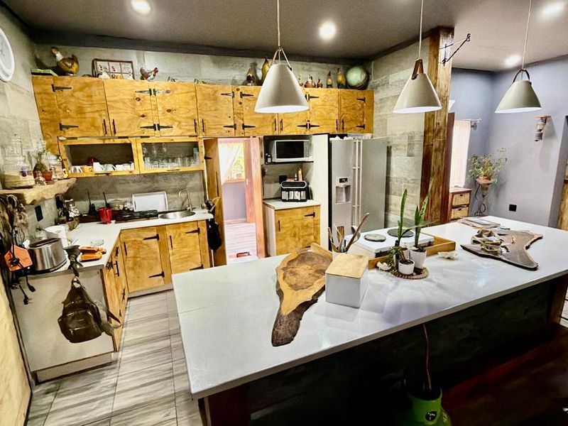 Rustic-style kitchen featuring custom plywood cabinetry, a large central island with stone countertops, and modern pendant lighting.