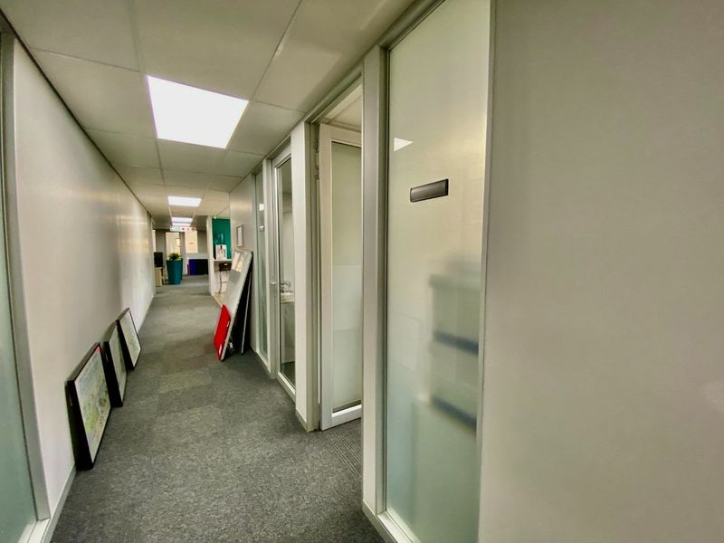 A commercial office hallway featuring carpeted flooring, suspended ceilings with recessed lighting, and glass-partitioned office doors.