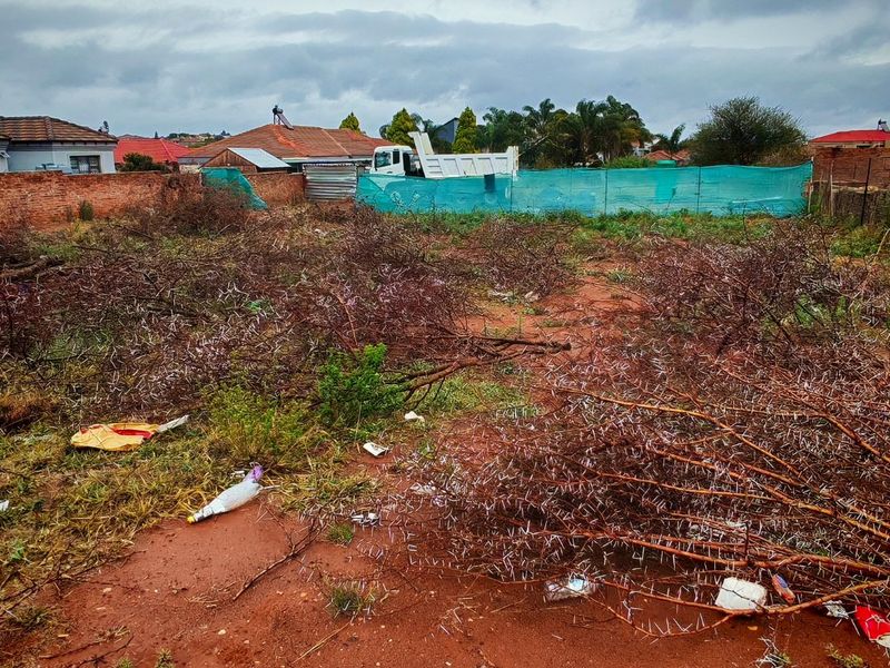 A vacant residential plot featuring a brick boundary wall and green shade cloth fencing, currently covered in overgrown vegetation and debris.