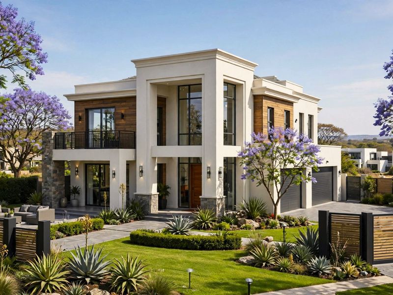 A modern luxury two-story residence featuring stone accents, timber cladding, a double garage, and a beautifully landscaped front garden.