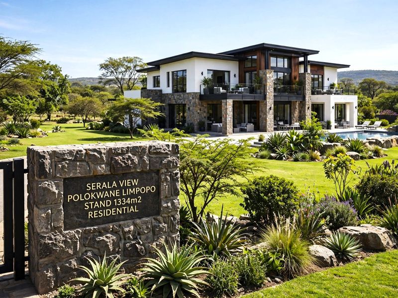 A luxury modern residential property featuring stone cladding, a swimming pool, and landscaped gardens, situated on a 1334m2 stand in Serala View, Polokwane.
