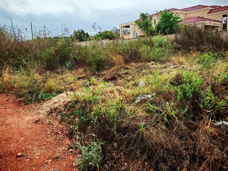 A view of an unimproved residential vacant lot with overgrown vegetation and a dirt path, showing neighboring property in the background.