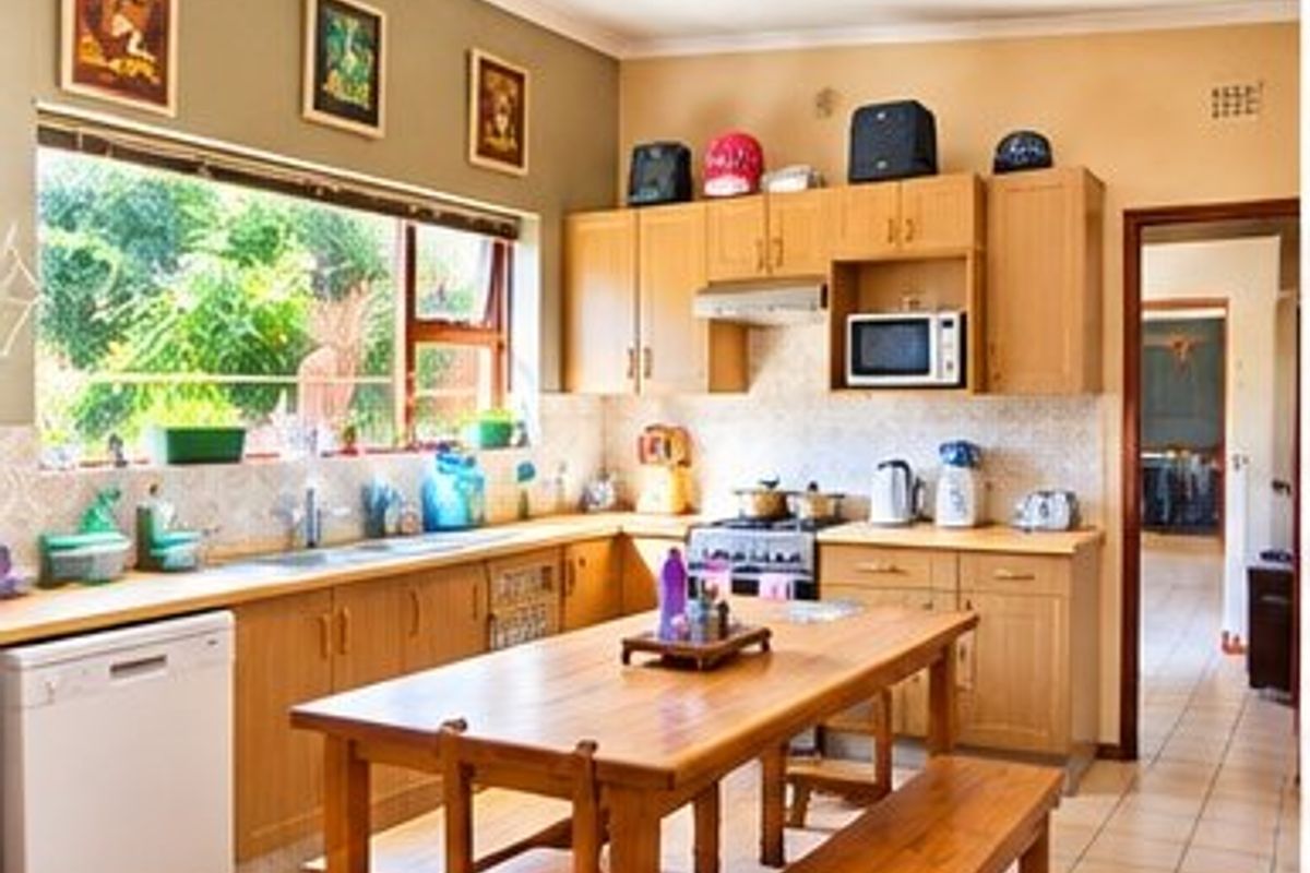 A functional kitchen featuring light wood cabinetry, laminate countertops, a tiled backsplash, and a large window overlooking the garden.