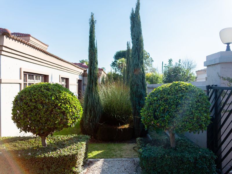 A well-maintained garden area featuring manicured topiary shrubs, tall cypress trees, and a gravel pathway alongside the property boundary wall.