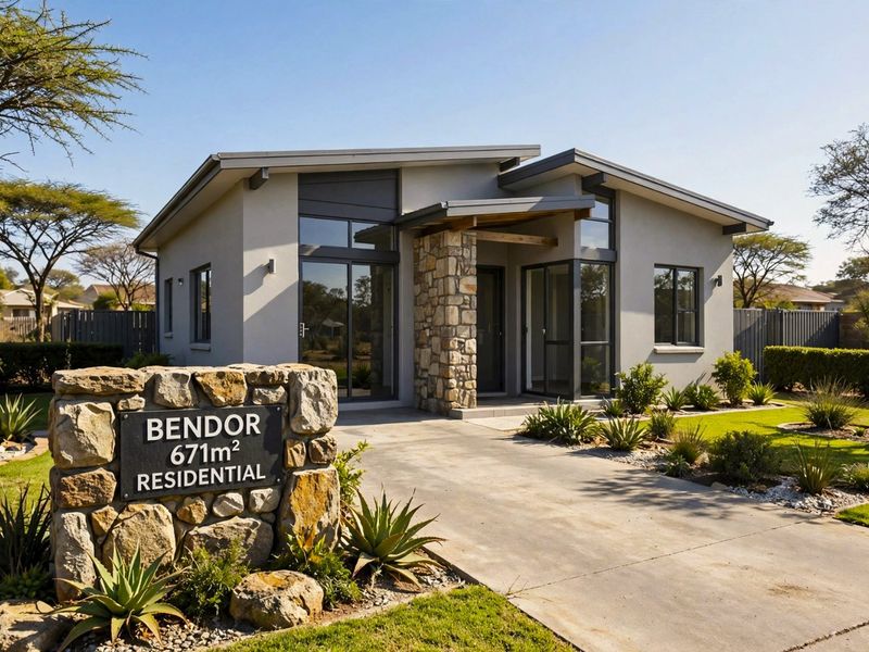 A modern residential property featuring stone cladding, a concrete driveway, and well-maintained landscaping on a 671m2 plot.