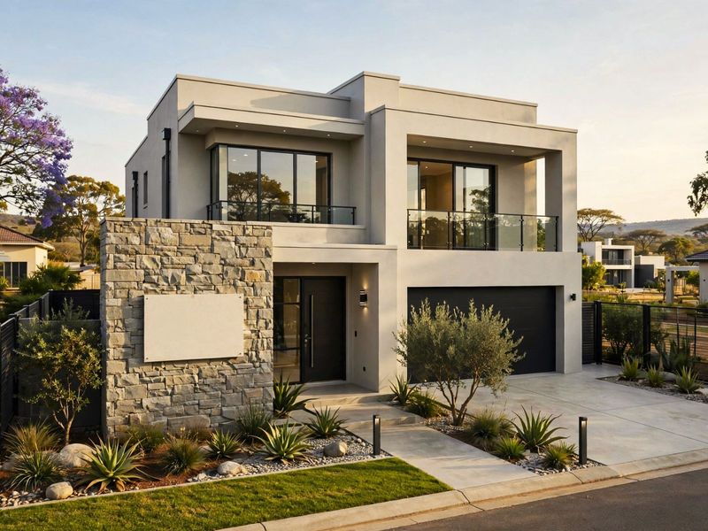 A modern two-story residential property featuring stone cladding, glass balcony railings, a paved driveway, and professionally landscaped front garden.