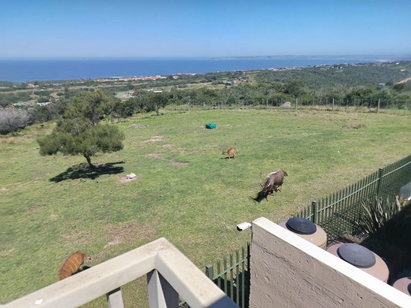 Elevated view overlooking a large grassy garden area with wildlife, perimeter fencing, and distant coastal scenery.