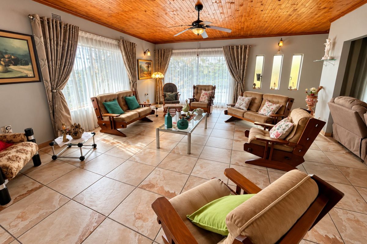 Spacious living room featuring a warm timber tongue and groove ceiling, ceramic tiled flooring, and large windows providing ample natural light.