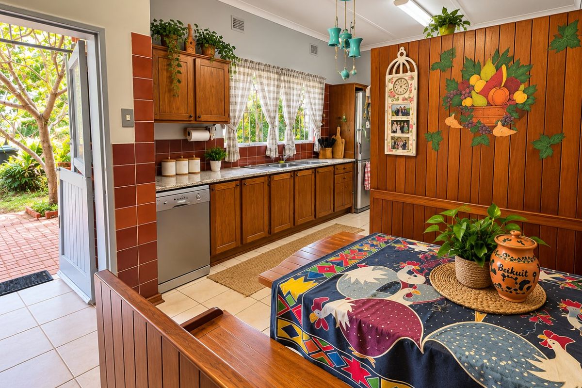 A functional kitchen featuring wooden cabinetry, granite countertops, a double basin sink, and tiled flooring, with direct access to an outdoor patio area.