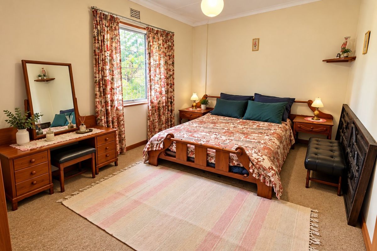 A well-maintained bedroom featuring neutral walls, carpet flooring, and a window with natural light.