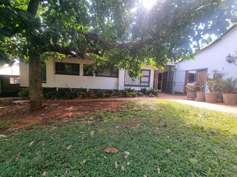 A rear garden view featuring a paved patio area, mature tree, and lawn, providing a private outdoor space adjacent to the house.