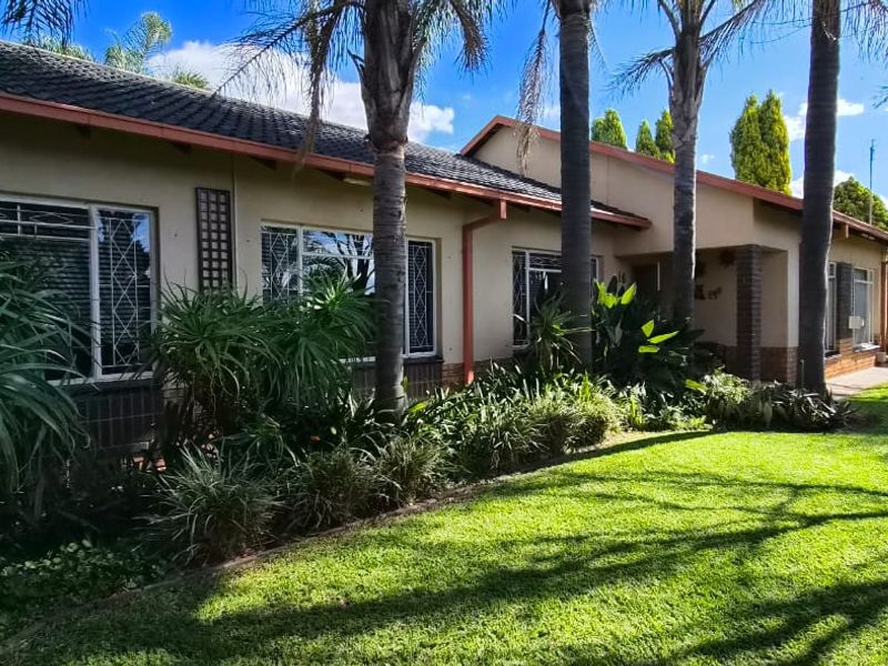 Front elevation of a single-story house featuring a tiled roof, brick accents, security bars on windows, and a well-maintained garden with mature palm trees.