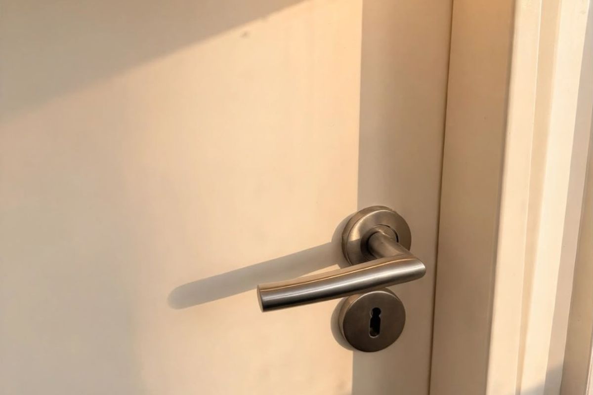 A close-up view of a modern interior door featuring a brushed metal handle and a recessed ceiling downlight.