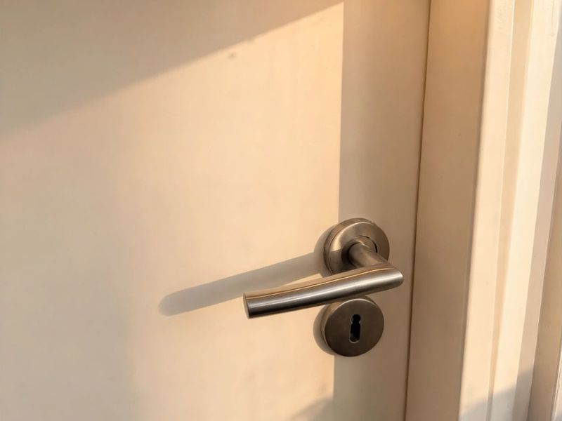 A close-up view of a modern interior door featuring a brushed metal handle and a recessed ceiling downlight.