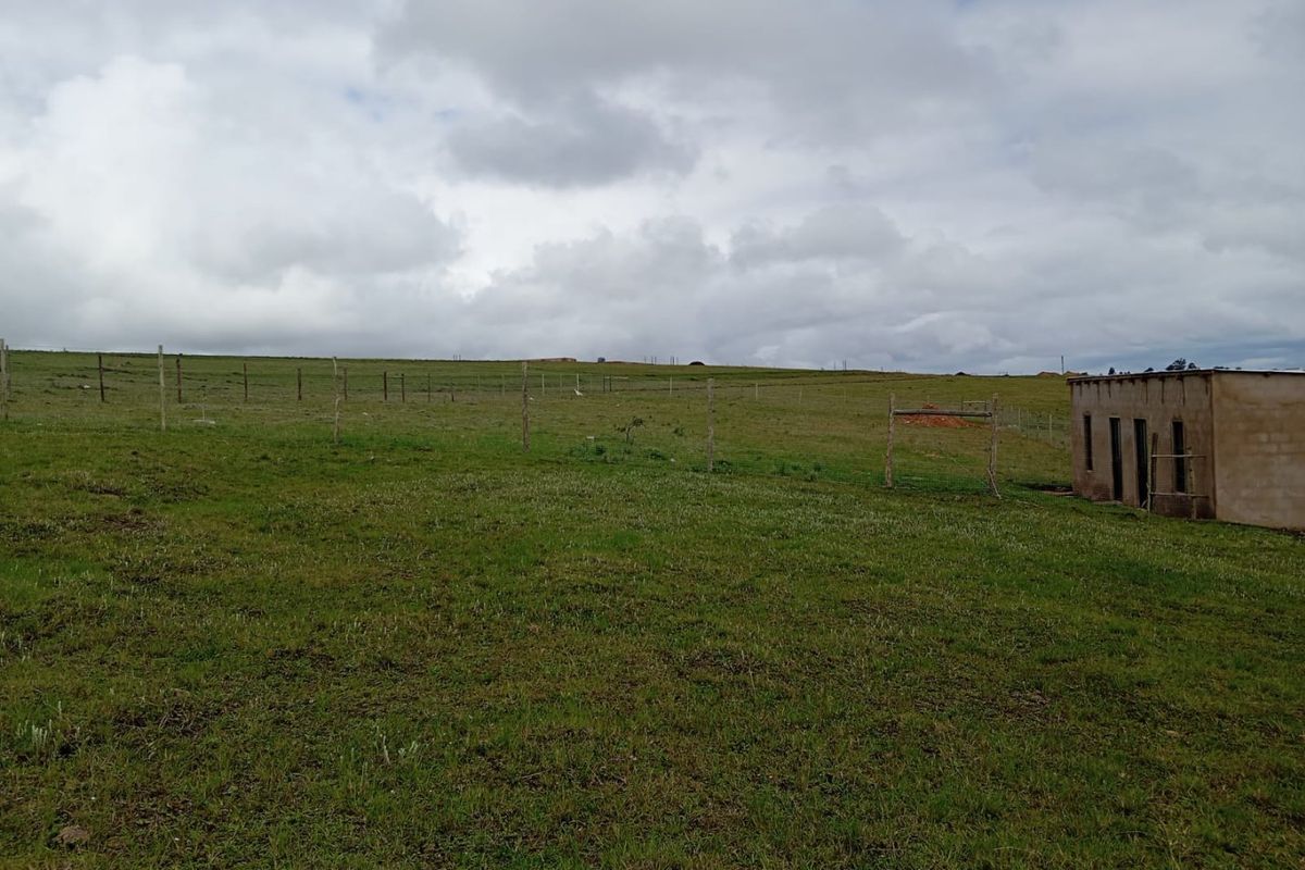 A view of a large, open residential plot featuring grassy terrain, wire perimeter fencing, and a small, unfinished masonry structure.