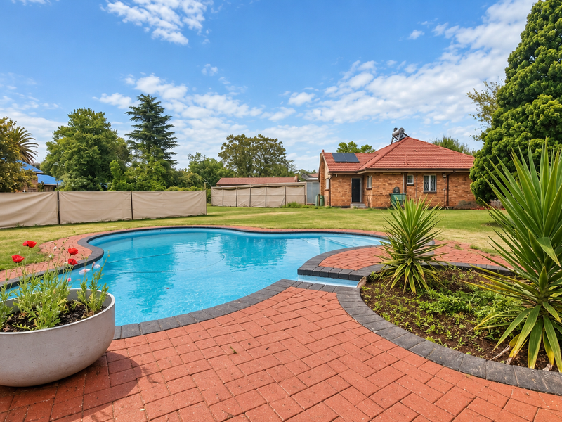 A spacious backyard featuring a swimming pool with brick paving surround, established garden, and a brick house with a solar water heating system.