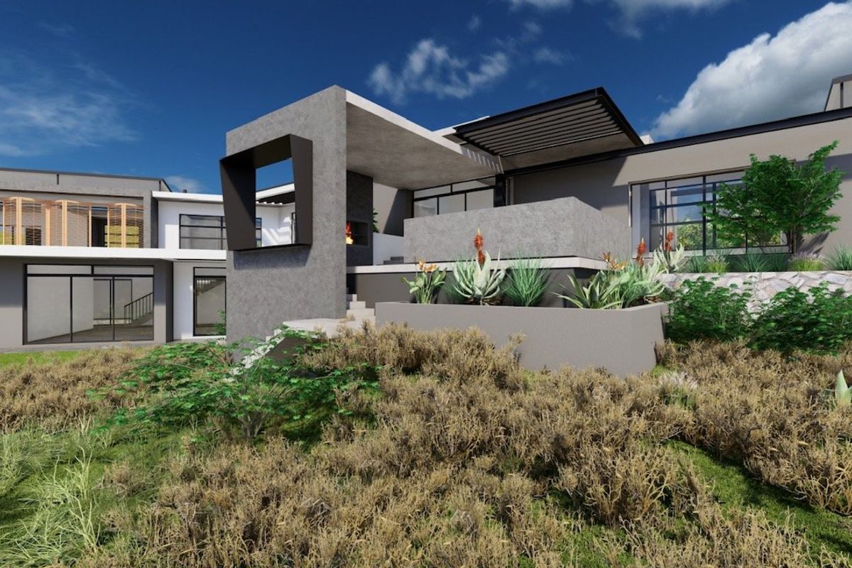 A modern architectural rendering of a rear exterior elevation featuring a concrete patio, built-in fireplace, and landscaped garden area.