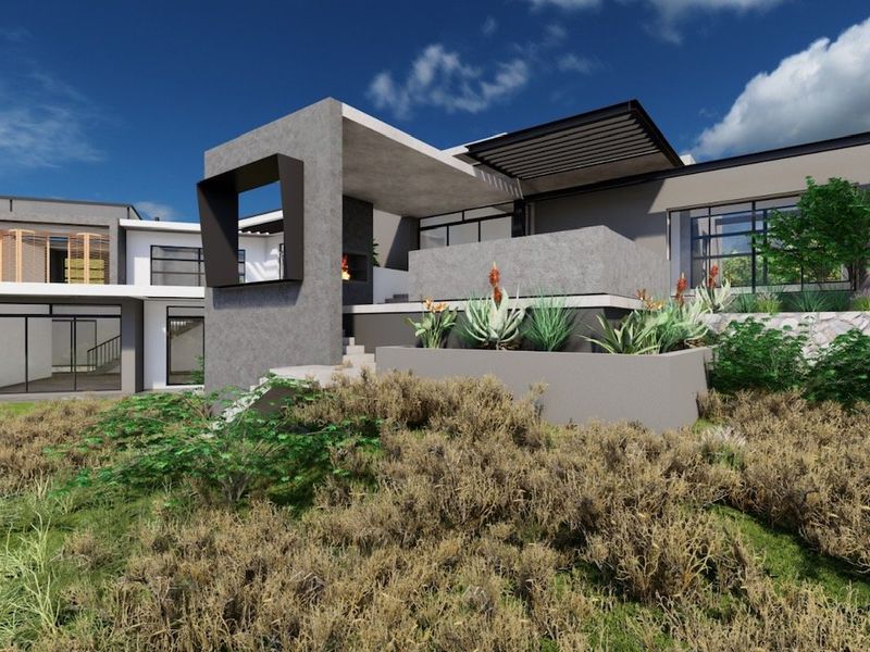 A modern architectural rendering of a rear exterior elevation featuring a concrete patio, built-in fireplace, and landscaped garden area.