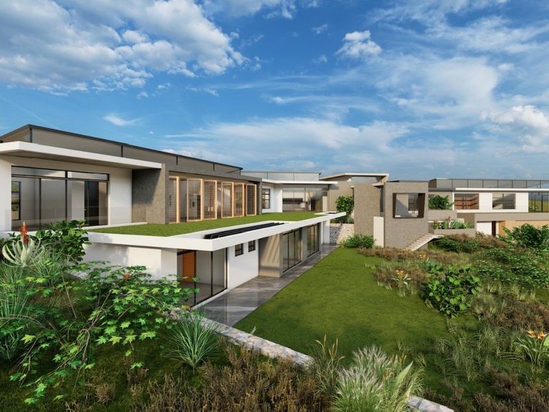 A modern architectural rendering of a residential property featuring a green roof, stone retaining walls, and expansive glass sliding doors overlooking a landscaped garden.