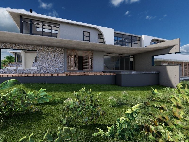 A modern architectural rendering of a rear residential facade featuring stone cladding, expansive glass doors, and a prominent cantilevered concrete roof structure.