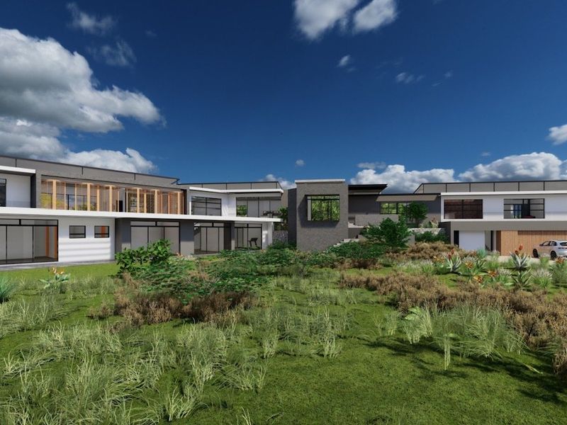 A high-quality architectural rendering of a modern, multi-level residential property featuring expansive glass facades and integrated garage space set within a landscaped garden.