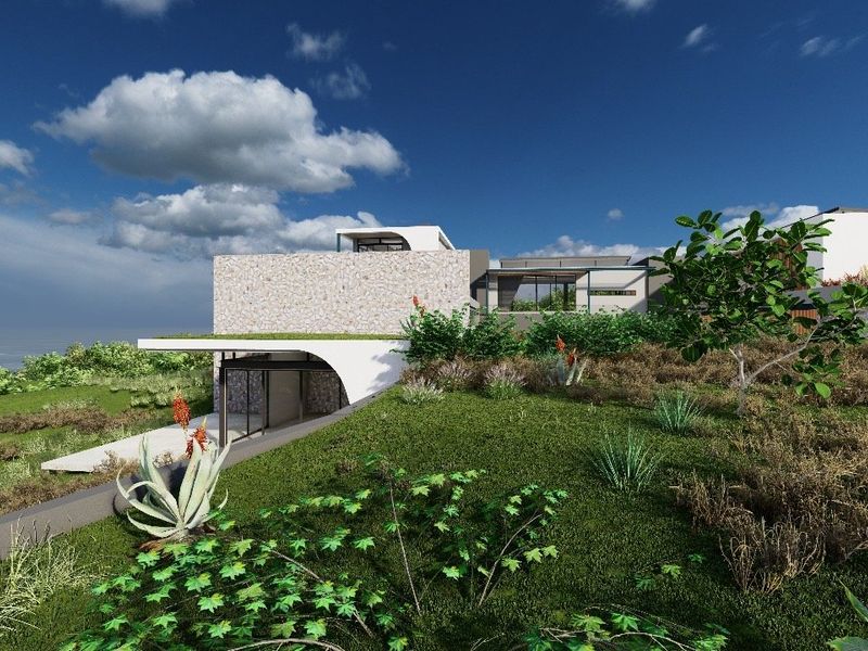 A modern architectural rendering of a residential property featuring stone cladding, clean lines, and integrated landscaping on a sloped site.