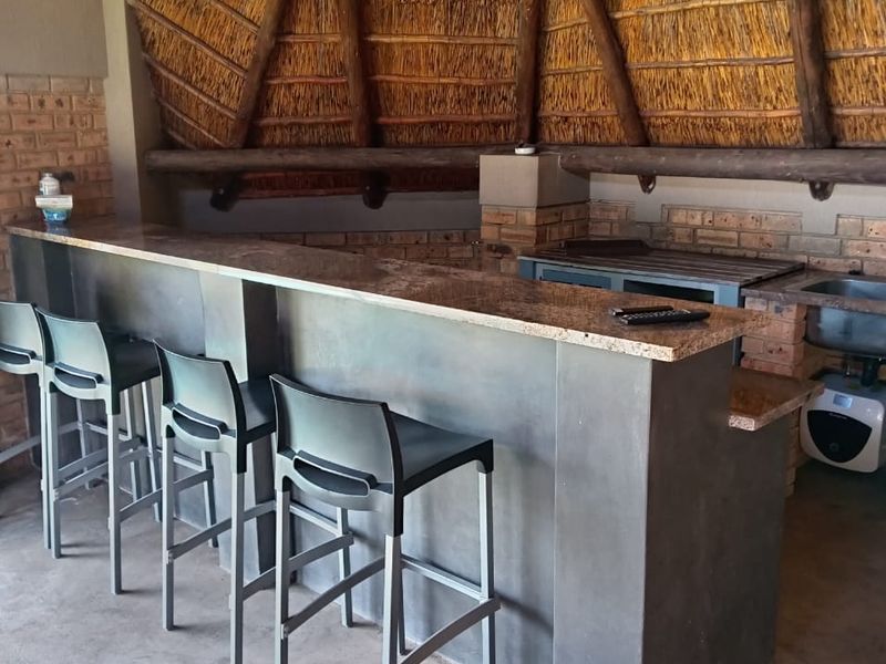 Outdoor entertainment area featuring a thatched roof, exposed timber rafters, and a built-in bar with granite countertop and integrated sink.