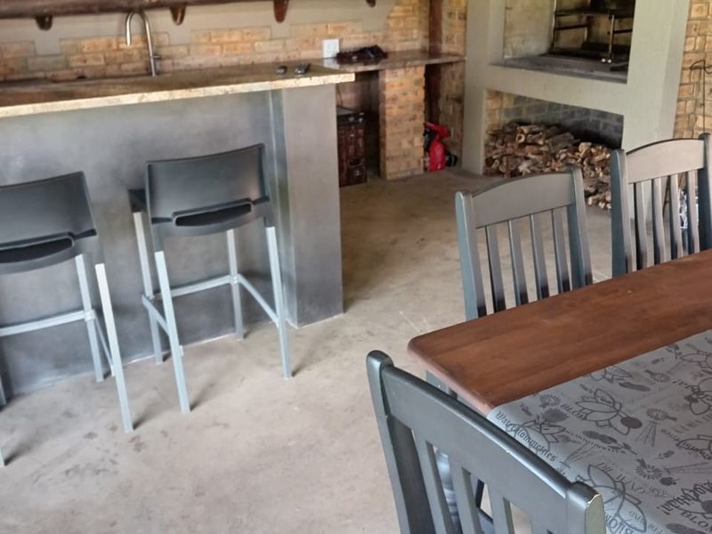 Covered outdoor entertainment area featuring a thatched roof, built-in braai, stone-topped prep counter with sink, and durable concrete flooring.
