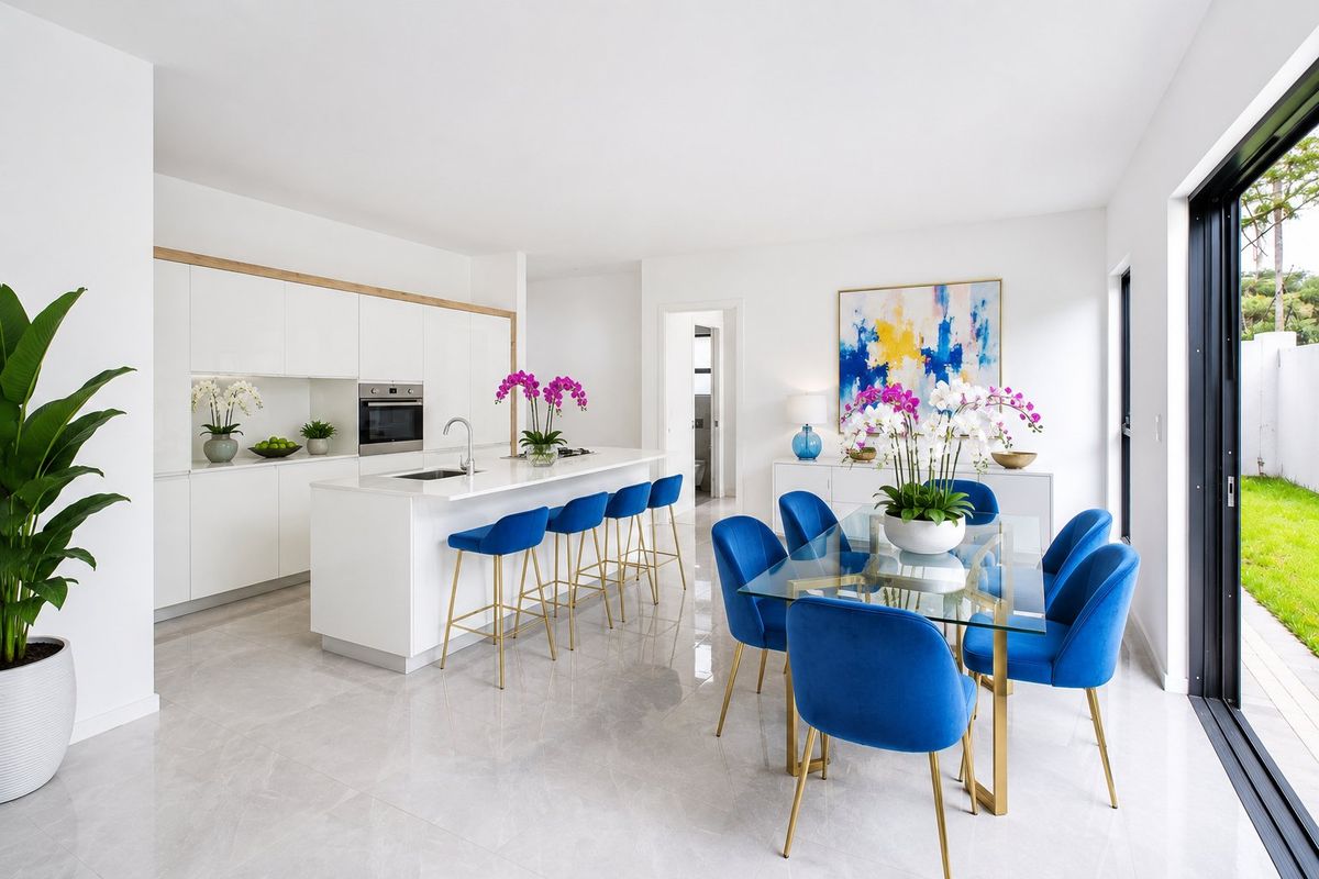 Modern open-plan kitchen and dining area featuring sleek white cabinetry, a central island, and large sliding doors opening to the garden.