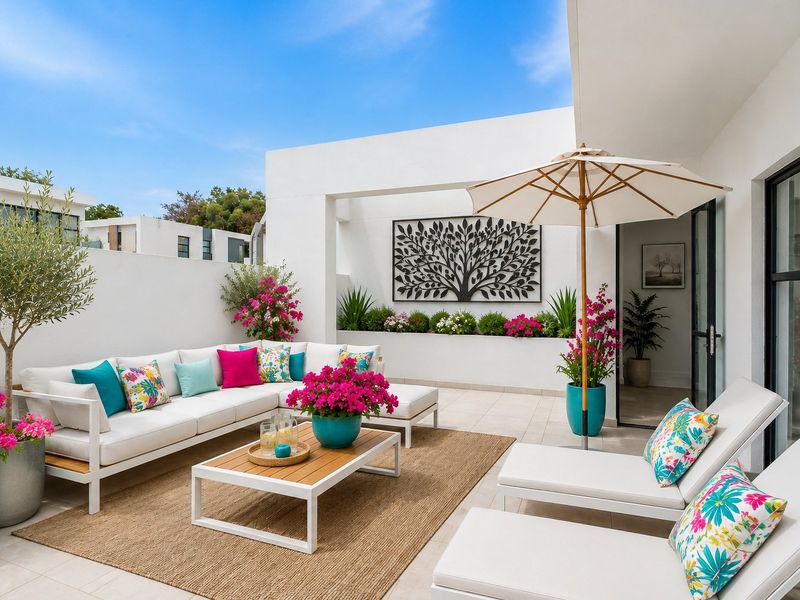 A well-maintained covered patio featuring tiled flooring, a built-in planter box, and seamless access to the interior through large sliding glass doors.