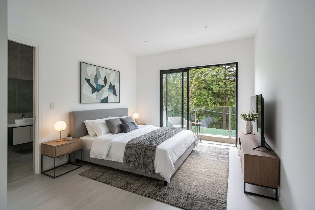 Modern bedroom featuring neutral finishes, recessed lighting, and a sliding glass door leading to a private balcony with scenic views.
