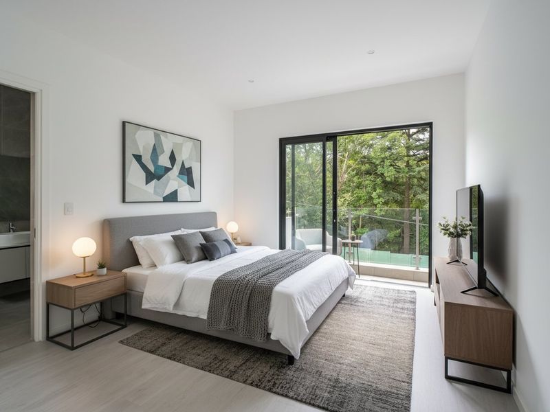 Modern bedroom featuring neutral finishes, recessed lighting, and a sliding glass door leading to a private balcony with scenic views.