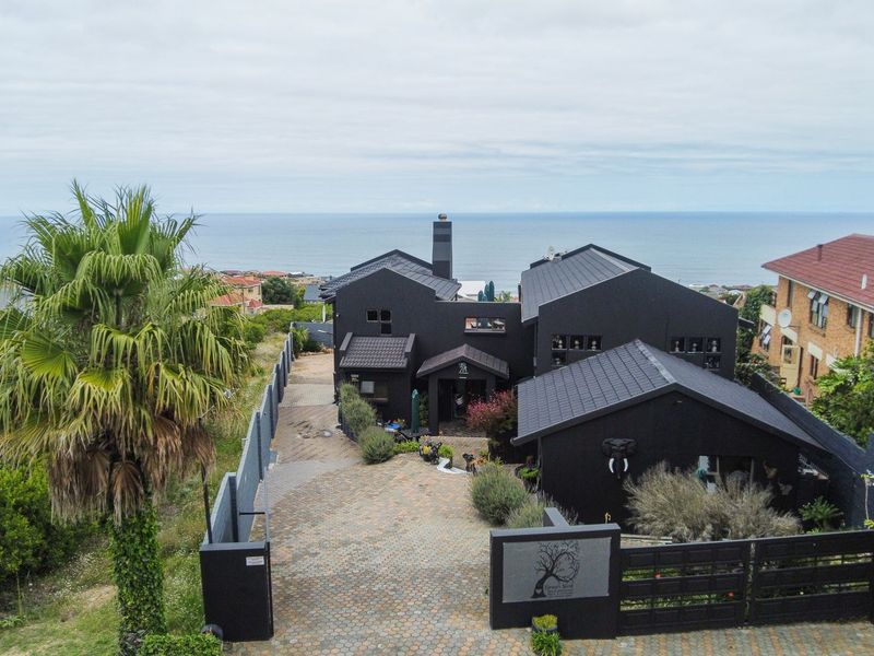 Aerial view of a modern black-painted house with a paved driveway, perimeter fencing, and ocean views in the background.