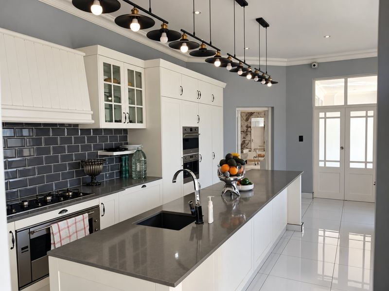 Modern kitchen featuring a large island with quartz countertops, subway tile backsplash, built-in appliances, and stylish pendant lighting in a bright, open space.
