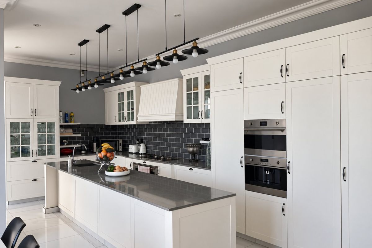 Modern kitchen featuring white shaker cabinetry, dark quartz countertops, subway tile backsplash, integrated appliances, and a large central island with pendant lighting.