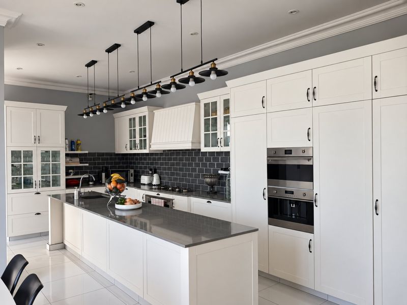 Modern kitchen featuring white shaker cabinetry, dark quartz countertops, subway tile backsplash, integrated appliances, and a large central island with pendant lighting.