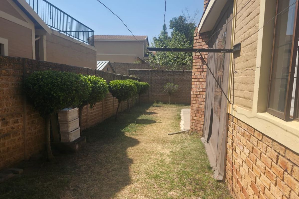 A side garden area featuring a face brick boundary wall, a paved walkway, and a fixed washing line attached to the house exterior.