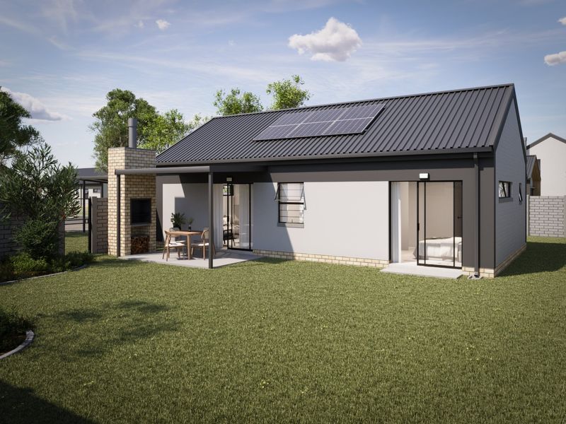 Rear view of a modern house featuring a covered patio with a built-in brick fireplace, solar panels on the roof, and a landscaped garden.