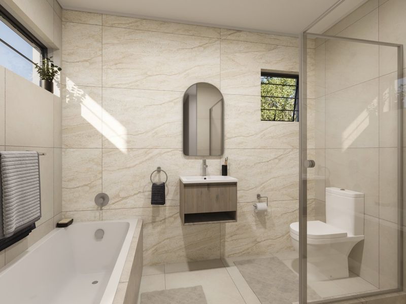 Modern bathroom featuring a built-in bathtub, wall-mounted vanity, glass shower enclosure, and neutral stone-look wall tiles.