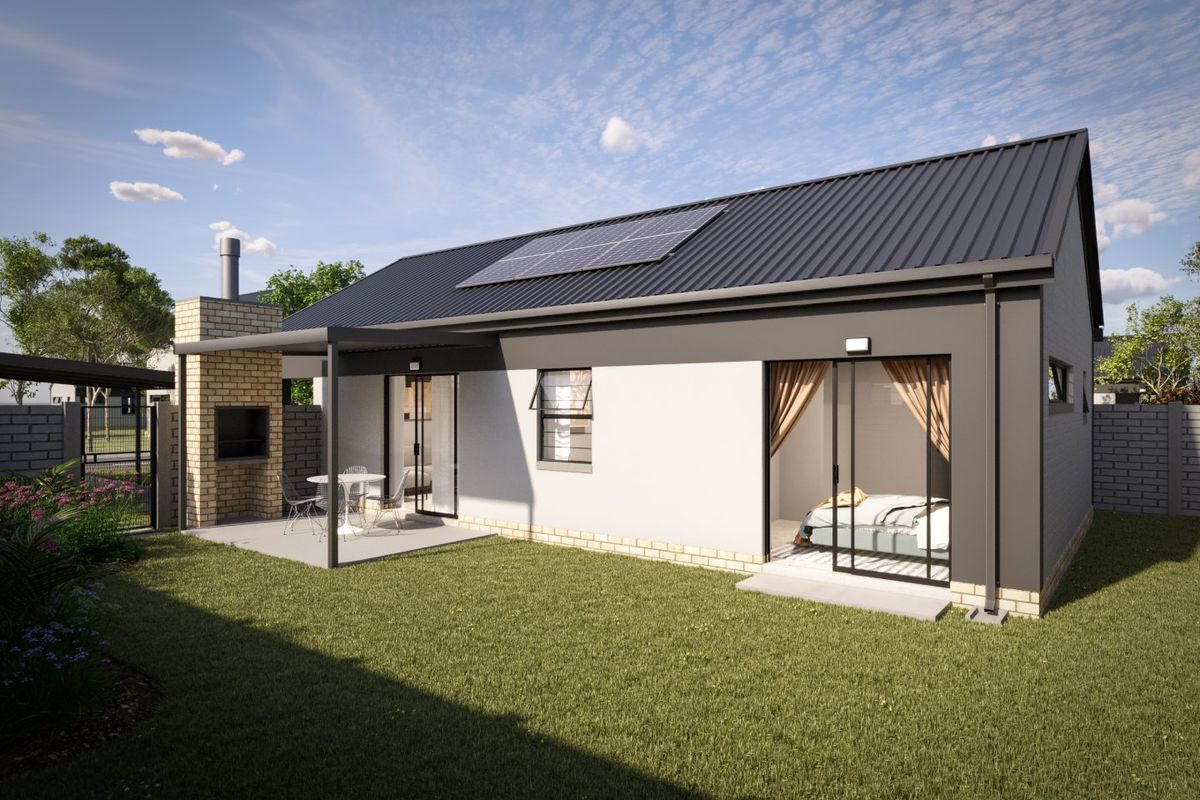 Rear view of a modern house featuring a metal roof with solar panels, a covered patio with a built-in braai, and a landscaped garden.