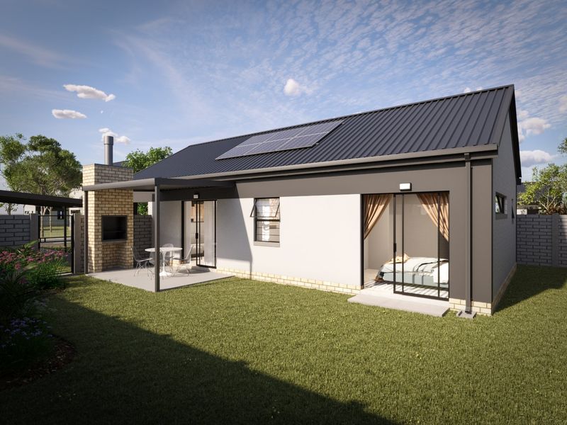 Rear view of a modern house featuring a metal roof with solar panels, a covered patio with a built-in braai, and a landscaped garden.