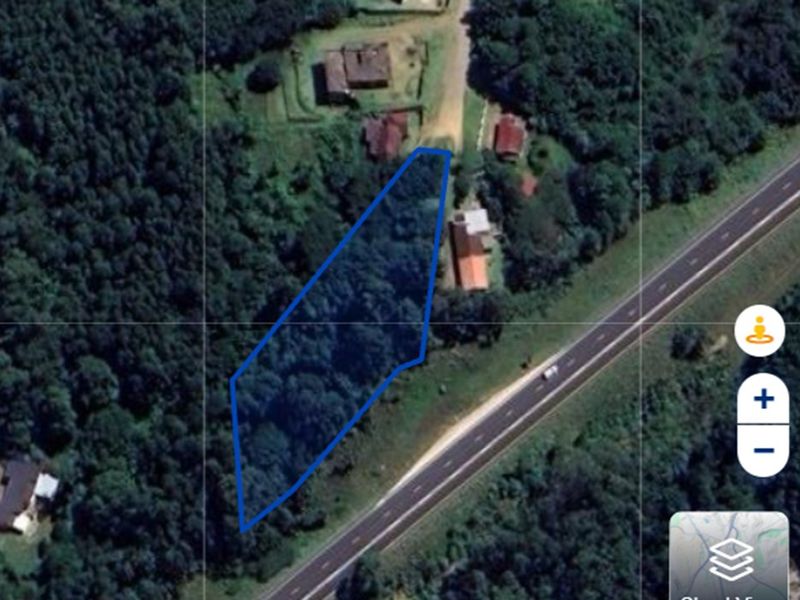An aerial satellite view showing a residential land plot outlined in blue, situated near a main road and surrounded by dense vegetation.
