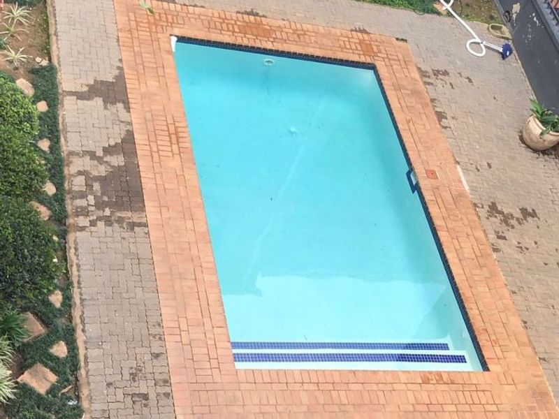 An elevated view of a rectangular swimming pool surrounded by brick paving and a perimeter fence, set within a private garden area.