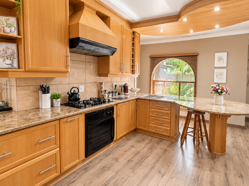 A well-maintained kitchen featuring warm wooden cabinetry, granite countertops, integrated appliances, and a breakfast bar under a unique curved ceiling detail.