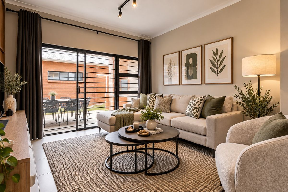 A bright and modern living room featuring tiled floors, track lighting, and large sliding glass doors that open onto a private patio area.