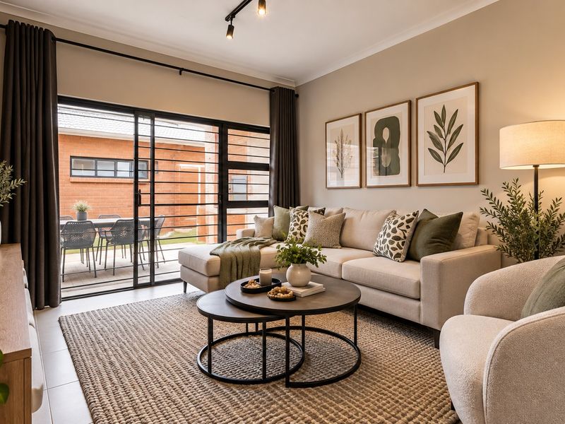A bright and modern living room featuring tiled floors, track lighting, and large sliding glass doors that open onto a private patio area.