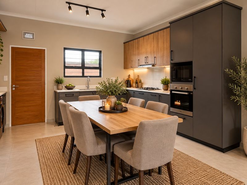 Modern open-plan kitchen and dining area featuring contemporary two-tone cabinetry, integrated appliances, track lighting, and neutral tiled flooring.