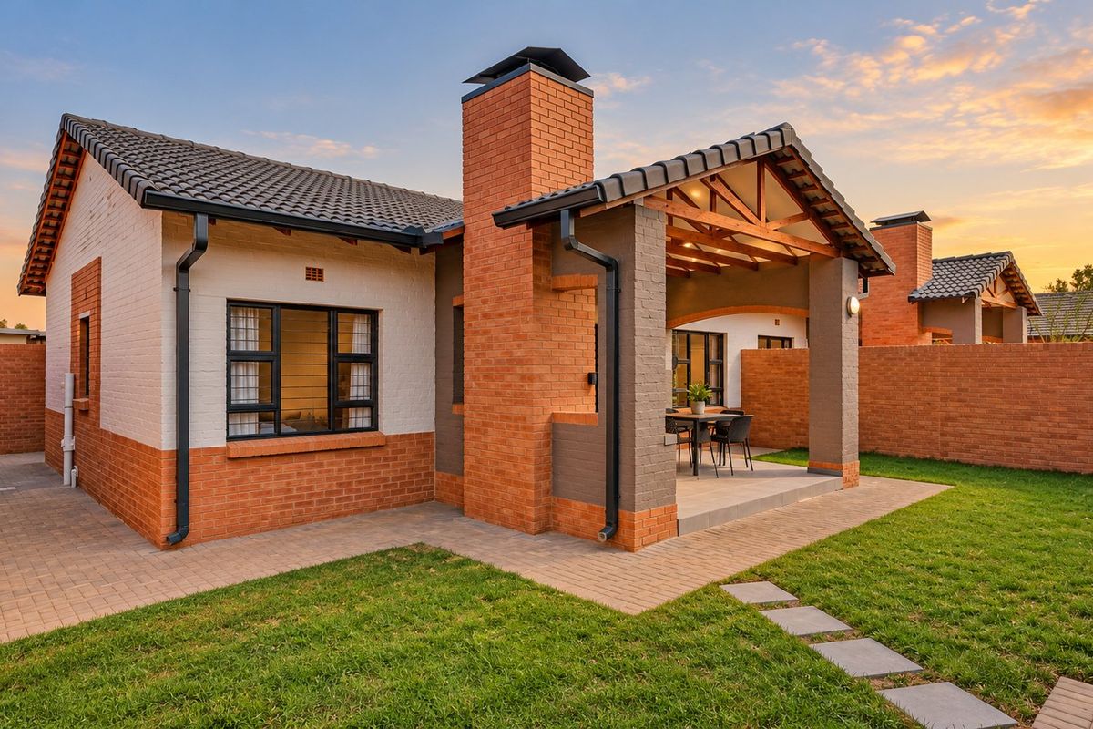 Rear view of the townhouse featuring a covered patio, exposed timber trusses, brick chimney, and a well-maintained garden with paved pathways.