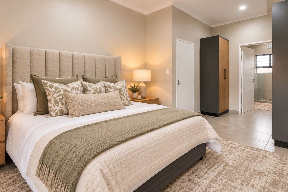 A well-appointed bedroom featuring neutral tones, built-in cabinetry, tiled flooring, and direct access to an en-suite bathroom.